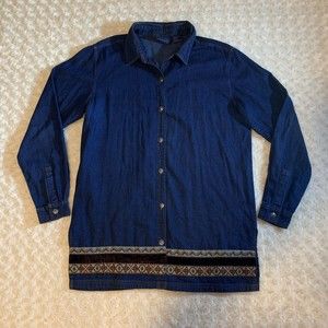 Willow Ridge Womans Button Front Long Sleeve Jean Shirt Large Ribbon Embellish